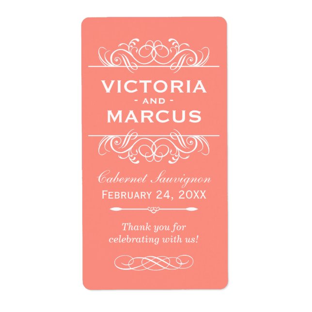 Coral Wedding Wine Bottle Monogram Favour Labels (Front)