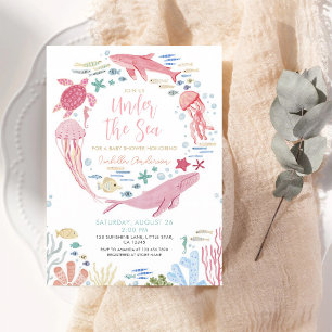 Coral Whale Girl Under The Sea Baby Shower Invitation