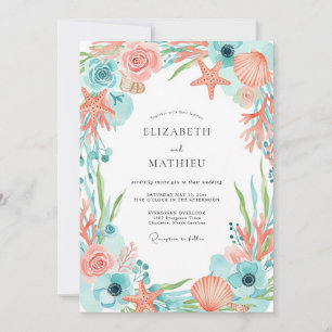 Coral Whimsical Coastal Wedding Invitation