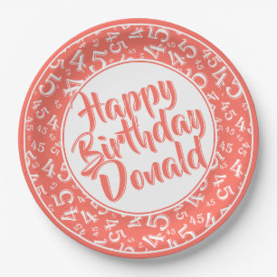 Coral/White 45th Happy Birthday Number Pattern Paper Plate