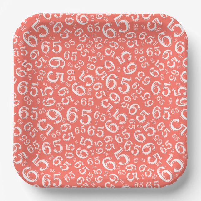  Coral/White 65th Random Number Pattern Paper Plate (Front)
