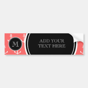 Coral White Anchors Pattern, Black Monogram Bumper Sticker