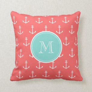 Coral White Anchors Pattern, Mint Green Monogram Cushion