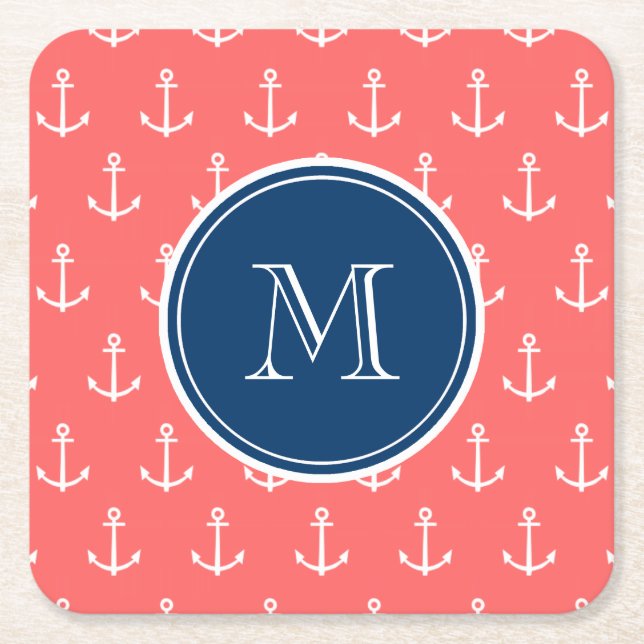 Coral White Anchors Pattern, Navy Blue Monogram Square Paper Coaster (Front)