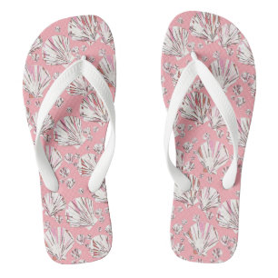 Coral, white and pink sea shells, pink background jandals