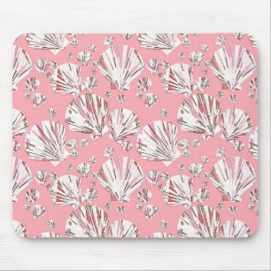 Coral, white and pink sea shells, pink background mouse pad