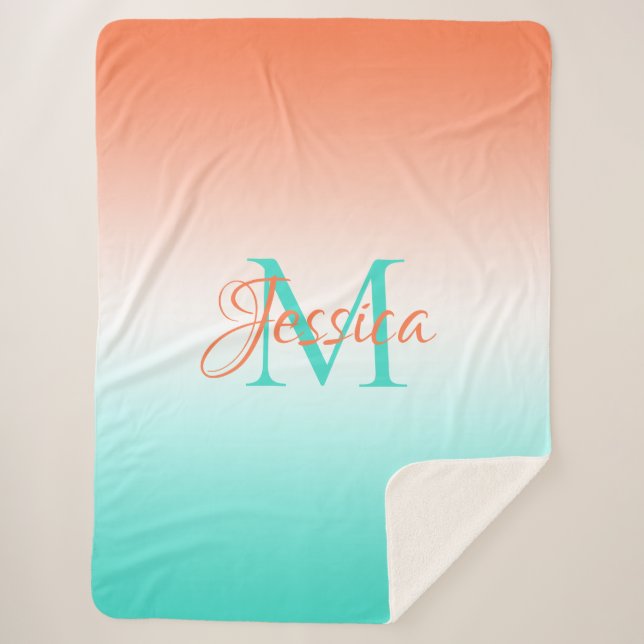 Coral White and Turquoise Ombre Monogrammed Sherpa Blanket (Front)