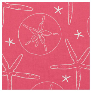 Coral & White Coastal Starfish, Sand Dollar Fabric