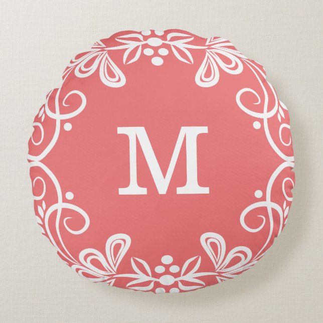 Coral White Custom Monogram Decorative Round Cushion (Front)