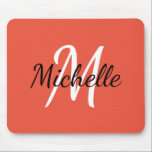 Coral & White Custom Monogram Mousepad<br><div class="desc">Mouse pad with a orange red background and white custom monogram first initial and first name</div>