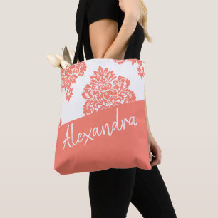 Coral White Damask Pattern Modern Personalised Tote Bag