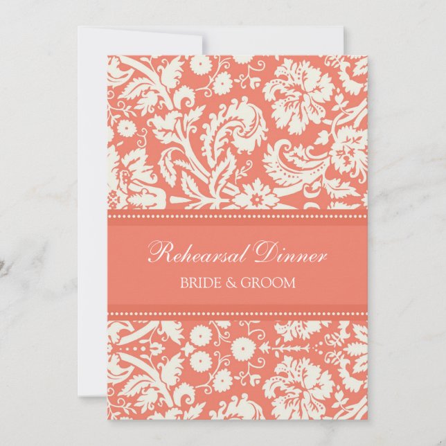 Coral White Damask Rehearsal Dinner Party Invitation (Front)