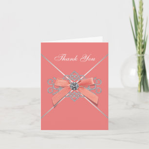 Coral White Diamonds Coral Bow Thank You Cards