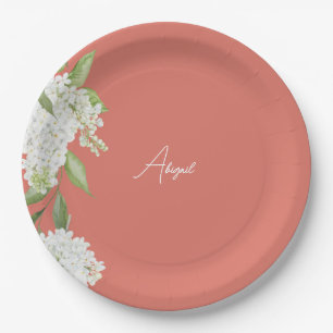 Coral White Floral Script Name Bridal Shower Paper Plate