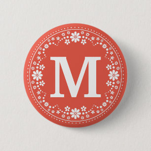 Coral White Floral Wreath Monogram 6 Cm Round Badge