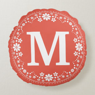Coral White Floral Wreath Monogram Round Cushion