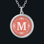 Coral White Floral Wreath Monogram Silver Plated Necklace<br><div class="desc">This beautiful round necklace is perfect for adding a touch of elegance to your wardrobe. It's done in a soft coral colour with a white garland of flowers and dots in a stencil look. Add your monogram letter to personalise. You can also customise the coral colour to whatever you'd like!...</div>