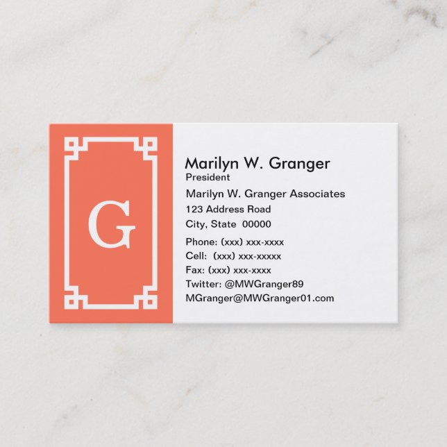 Coral White Greek Key Frame #2 Initial Monogram Business Card (Front)