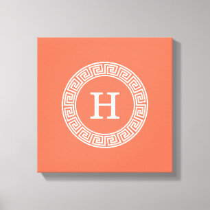 Coral White Greek Key Rnd Frame Initial Monogram Canvas Print