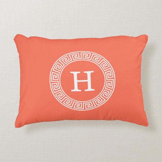 Coral White Greek Key Rnd Frame Initial Monogram Decorative Cushion (Front)