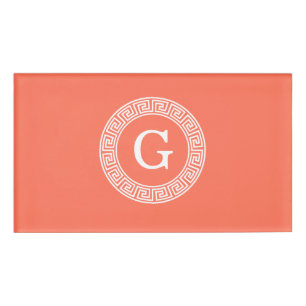 Coral White Greek Key Rnd Frame Initial Monogram Name Tag