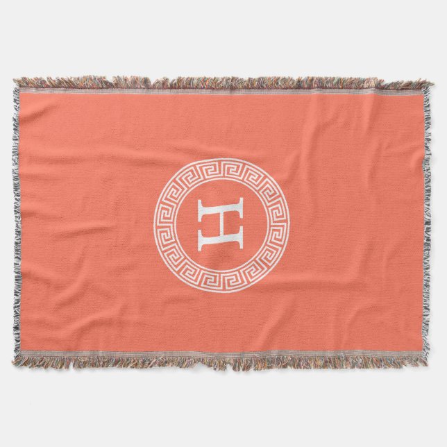 Coral White Greek Key Rnd Frame Initial Monogram Throw Blanket (Front)