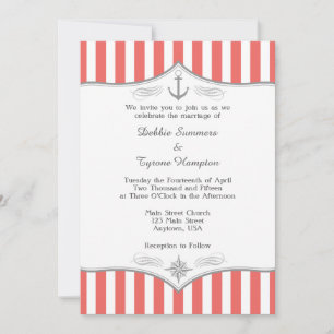 Coral White Grey Nautical Wedding Invitation