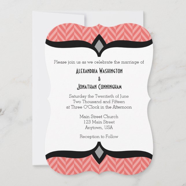 Coral White Herringbone Wedding Invitation (Front)