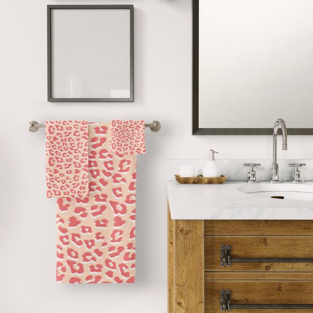 Coral White Leopard Print  Bath Towel Set (Coral Apricot Leopard Print Bath Towel Set by Looly Elzayat
)