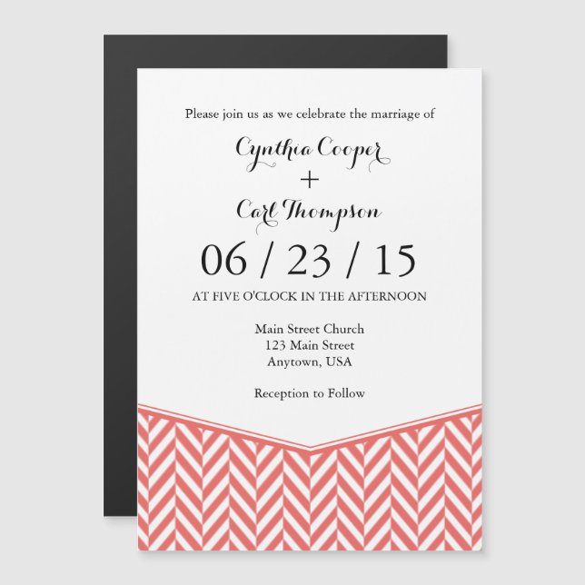 Coral White Magnetic Herringbone Wedding Invite (Front/Back)