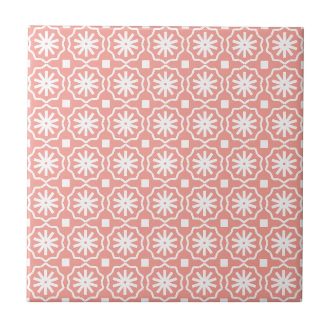 Coral white modern geometric floral pattern tile (Front)
