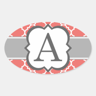 Coral White Monogram Letter A Quatrefoil Oval Sticker