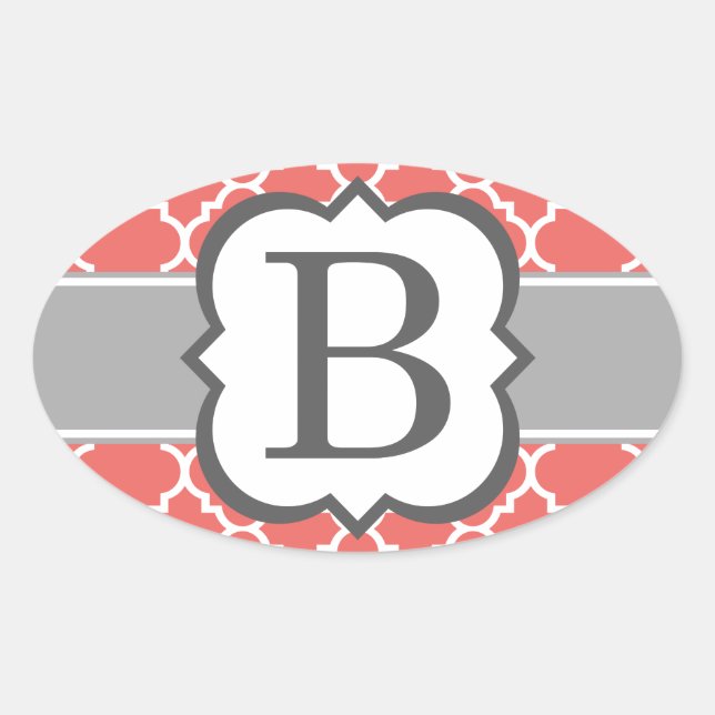 Coral White Monogram Letter B Quatrefoil Oval Sticker (Front)
