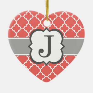 Coral White Monogram Letter J Quatrefoil Ceramic Tree Decoration