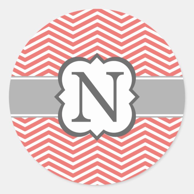 Coral White Monogram Letter N Chevron Classic Round Sticker (Front)