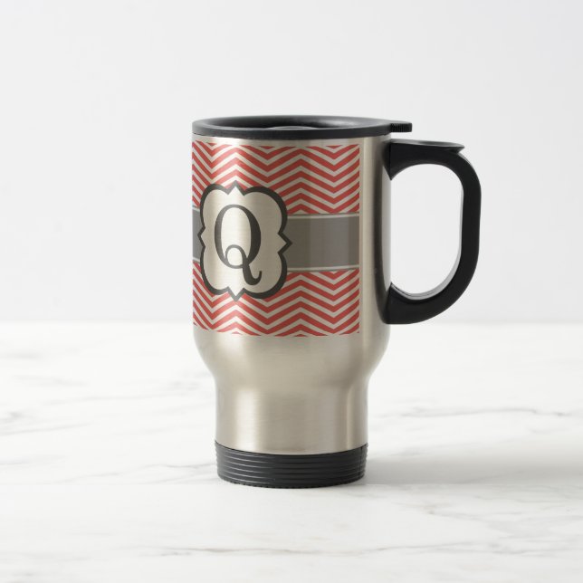 Coral White Monogram Letter Q Chevron Travel Mug (Right)