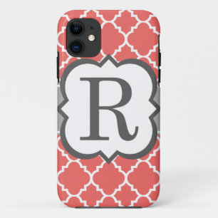 Coral White Monogram Letter R Quatrefoil Case-Mate iPhone Case