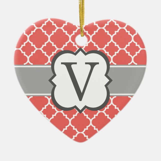 Coral White Monogram Letter V Quatrefoil Ceramic Tree Decoration (Front)