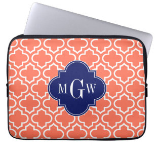 Coral White Moroccan #6 Navy 3 Initial Monogram Laptop Sleeve