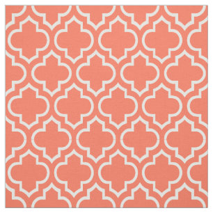Coral, White Moroccan Quatrefoil #6 Fabric