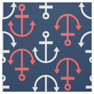 Coral & White Nautical Boat Anchors Pattern Fabric