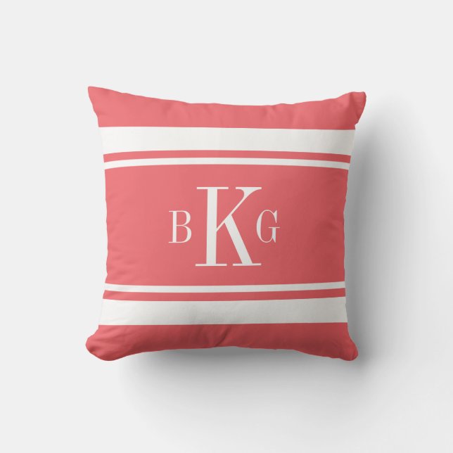 Coral White Nautical Stripes Custom Monogram Cushion (Front)