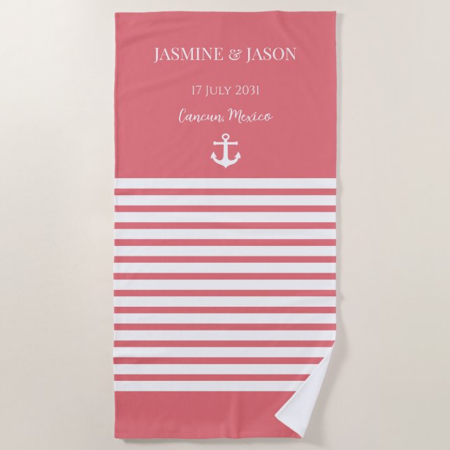 Coral White Personalised Destination Wedding Favou Beach Towel (Front)