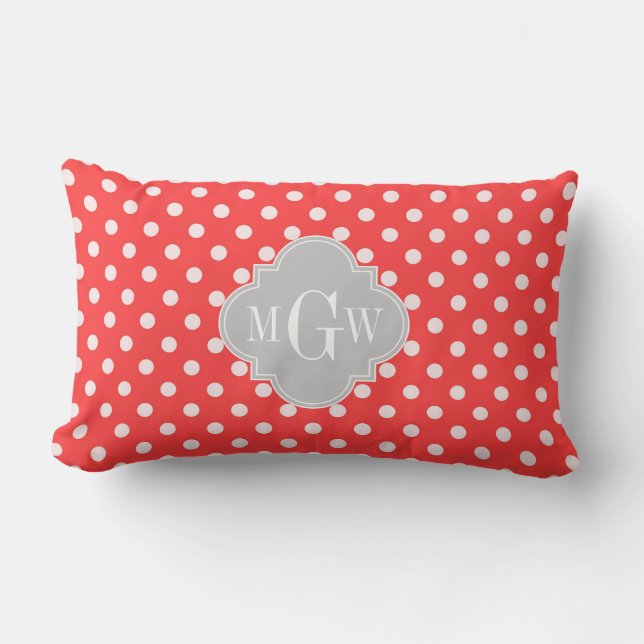 Coral White Polka Dots Grey Quatrefoil 3 Monogram Lumbar Cushion (Front)