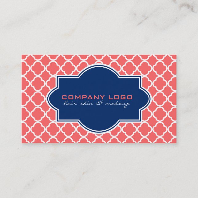 Coral & White Quatrefoil Geometric Pattern Business Card (Front)