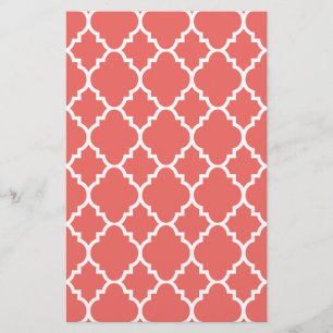 Coral White Quatrefoil Moroccan Pattern Stationery