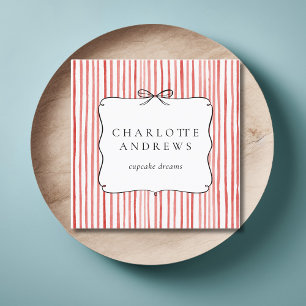 Coral White Stripe Vintage Bow  Square Business Card