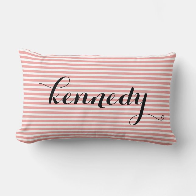 Coral White Stripes Custom Monogram Lumbar Cushion (Front)