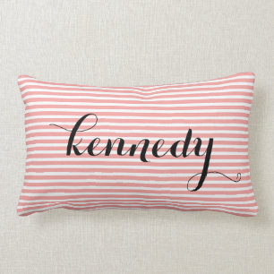 Coral White Stripes Custom Monogram Lumbar Cushion