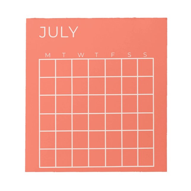 Coral White Undated July Calendar for Planner Notepad (Front)
